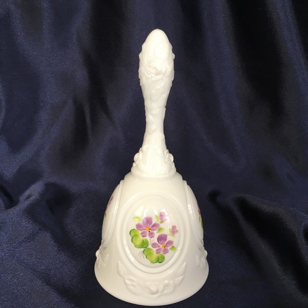 Fenton "Violets in Snow" Hand Painted Milk Glass Cameo Bell Signed E. Thomas Fenton Art Glass