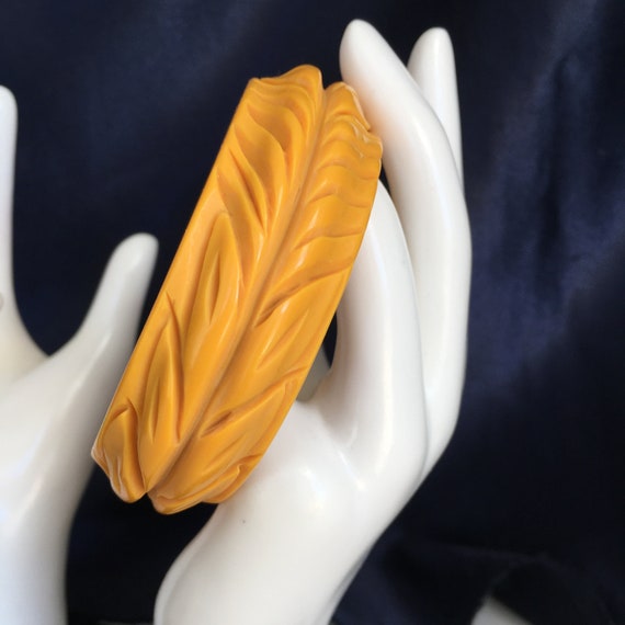 Carved Plastic Bracelet Butterscotch Bangle Brace… - image 2