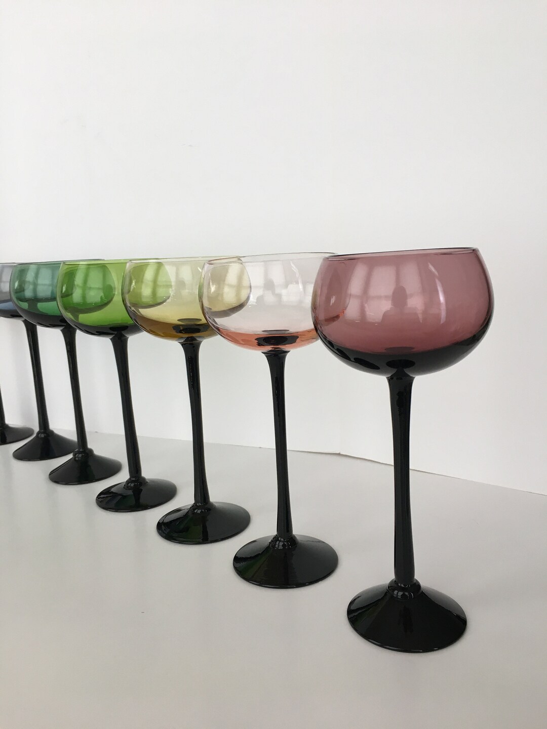 MCM Multicolor Wine Glasses Black Stems Set of 7 Hand Blown Etsy