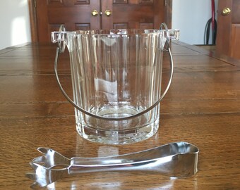 MCM Ice Bucket Optic Glass with Silver Tone Metal Handle and Silver Tone Metal Ice Tongs  Italy Retro Bar Ware Vintage Father's Day Gift