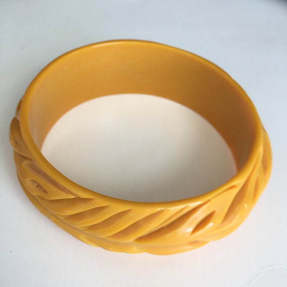 Carved Plastic Bracelet Butterscotch Bangle Brace… - image 5