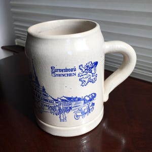 May include: A cream-colored ceramic beer mug featuring a blue graphic print of a cityscape, horse-drawn carriages, a lion emblem, and the text "Löwenbräu MÜNCHEN". The mug has a thick, curved handle and a smooth, cylindrical body design.