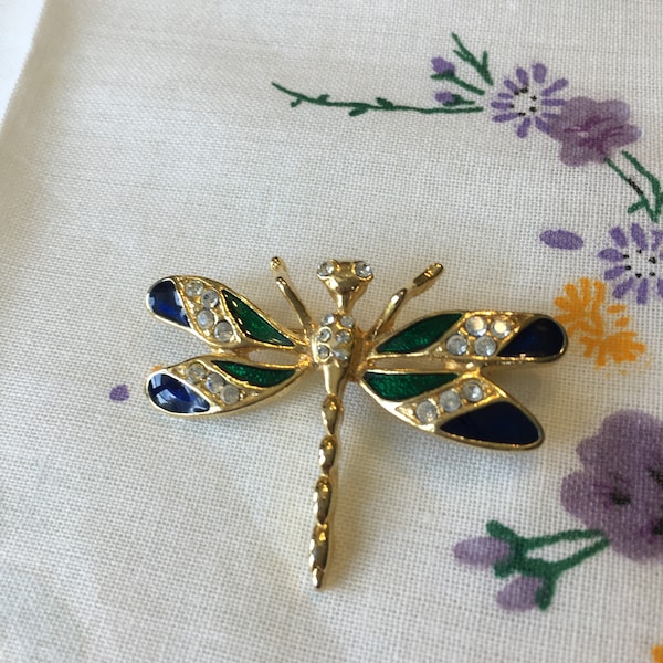 Vintage Dragonfly Brooch Enamel and Rhinestone Jewelry Lover's Gift