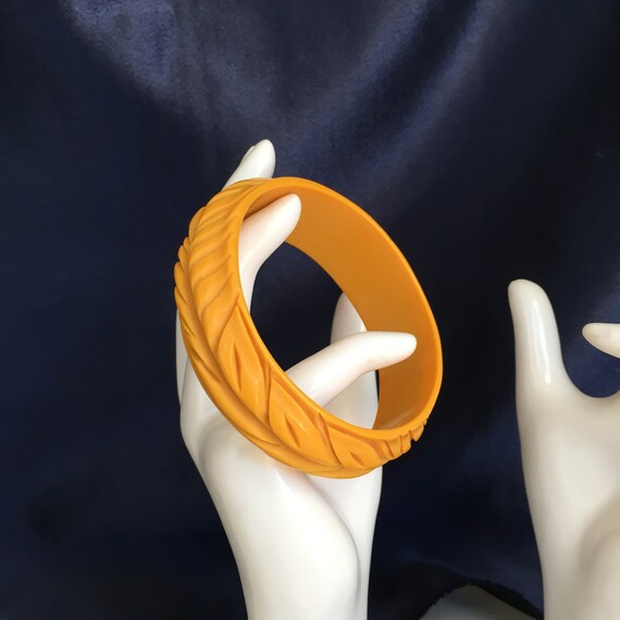 Carved Plastic Bracelet Butterscotch Bangle Brace… - image 3
