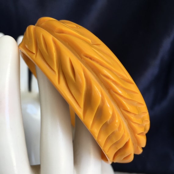 Carved Plastic Bracelet Butterscotch Bangle Brace… - image 6