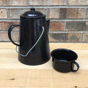 Vintage Enamelware Coffee Pot: Black Granite Ware  Wire Bale Handle and Coffee Mug Campfire