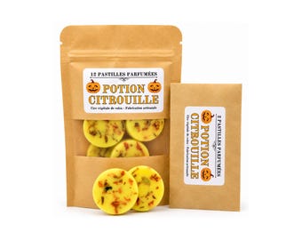 May include: A brown paper pouch containing 12 yellow wax melts and a smaller matching envelope with 2 wax melts. The labels feature pumpkin illustrations and the text 12 PASTILLES PARFUMÉES POTION CITROUILLE Cire végétale de colza - Fabrication artisanale.