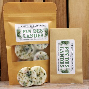 Peut inclure: Un paquet de 12 pastilles de cire parfumées avec un motif de pin. Le paquet est étiqueté "Pin des Landes" et indique "Cire végétale de colza - Fabrication artisanale".