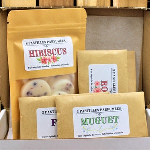 May include: A set of four brown paper bags containing scented wax melts. The bags are labeled with the scents "Hibiscus", "Rose", "Fig", and "Muguet".