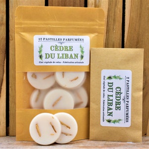 Peut inclure: Deux sachets en papier kraft avec des étiquettes blanches. Les étiquettes présentent des illustrations vertes de romarin et le texte "CÈDRE DU LIBAN" en noir. Le plus grand sachet contient 12 pastilles de cire parfumées, et le plus petit sachet contient 2 pastilles de cire parfumées. Les pastilles de cire sont blanches et rondes avec de petits morceaux de romarin séché à l'intérieur.