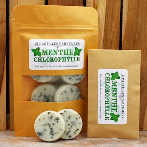 May include: Two brown paper bags with labels that read "12 Pastilles Parfum&eacute;es Menthe Chlorophylle Cire v&eacute;g&eacute;tale de colza - Fabrication artisanale" and "2 Pastilles Parfum&eacute;es Menthe Chlorophylle Cire v&eacute;g&eacute;tale de colza - Fabrication artisanale". The bags contain round, white wax melts with a green mint scent.