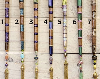 Hand Painted Wood Icicle Ornaments ~ Window Jewelry Woodcicles ~ Antique Textile Bobbins w/ Beads & Tassels ~ Your Choice ~ 15.5" to 17.5"