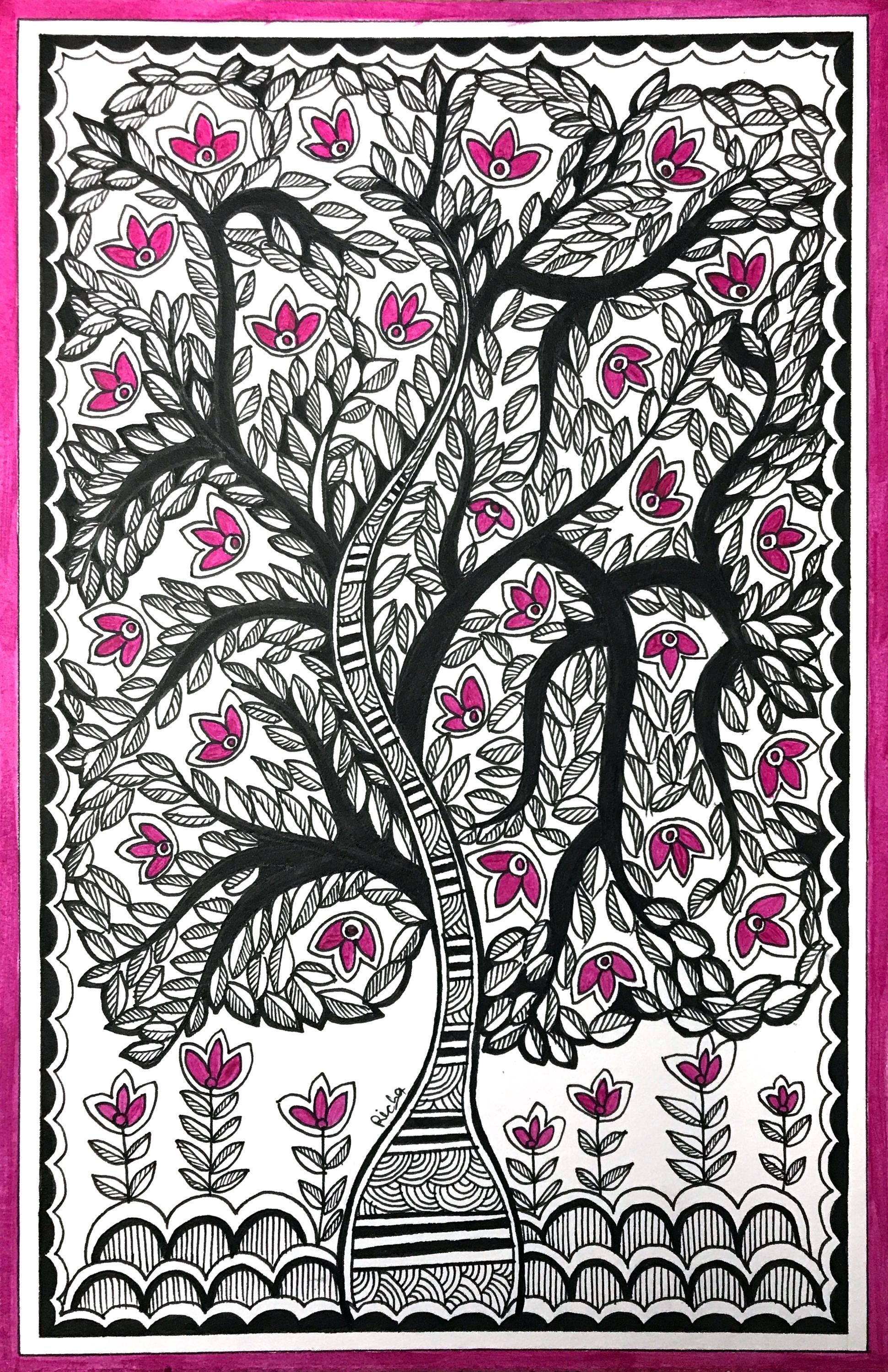 Madhubani Painting Tree of Life, Indian Traditional Folk Art ...