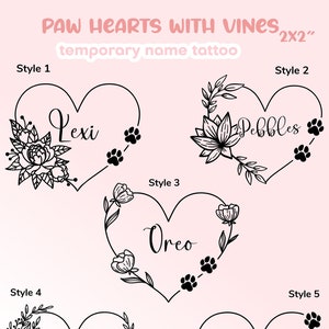 Paw Print Heart With Vines Custom Temporary Personalized Name Tattoo HEART Floral Vines