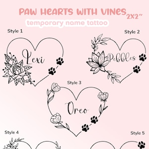 Paw Print Heart With Vines Custom Temporary Personalized Name Tattoo HEART Floral Vines