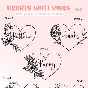 Custom Hearts With Vines Temporary Personalized Name Tattoo HEART Floral Vines