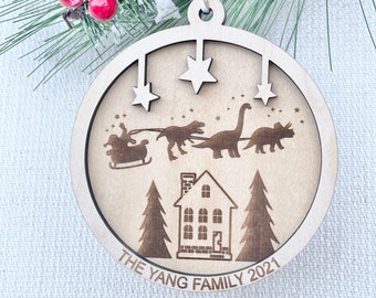 Personalized Dinosaur Santa Sleigh Family Name Christmas Ornament, 2023 Wooden Ornament, Family House Ornament, Gift for Dinosaur Lovers