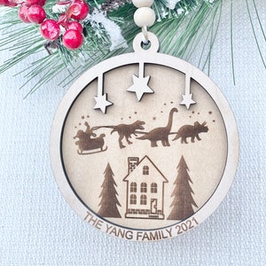 Personalized Dinosaur Santa Sleigh Family Name Christmas Ornament, 2023 Wooden Ornament, Family House Ornament, Gift for Dinosaur Lovers