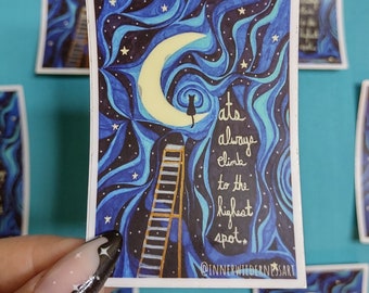 Cat on the Moon Sticker: Illustrated Crescent Moon Quote