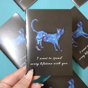 carte de vœux galaxy cat, je veux passer chaque vie avec toi carte, carte de vœux vierge A1, carte d’anniversaire