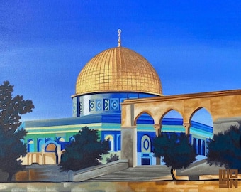 May include: A painting of the Dome of the Rock in Jerusalem. The dome is gold with blue and green accents. The building is surrounded by arches and trees.