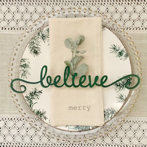 May include: A green wooden sign with the word "believe" in a cursive font. The sign is placed on a white napkin with the word "merry" printed on it. The napkin is on a clear glass plate with a green pine tree design.