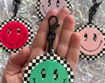 Checkered Smiley Face Acrylic Keychain || Trendy Smile Bag Tag || Retro Keychain || cute 3D Key Ring || Bag Tag ||