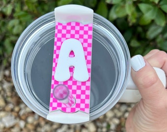 Placa de nombre Stanely a cuadros // Placa de nombre de vaso a cuadros rosa // Placa de nombre de vaso de 30oz/40oz // Etiqueta inicial personalizada para vaso