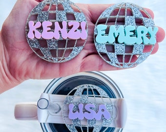 Disco Ball Stanley topper // Glitter Name topper // 30oz & 40oz topper // Placa de nombre Stanley // Etiqueta de tapa personalizada // Regalo para niñas