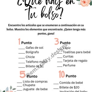 Juegos de baby shower, Que hay en tu bolso juego, descarga inmediata,  baby shower games in spanish, instant download