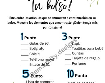 Juegos de baby shower, Que hay en tu bolso juego, descarga inmediata,  baby shower games in Spanish, instant download, printable baby shower