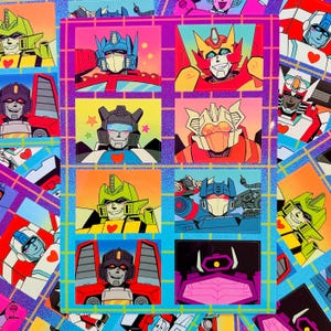 May include: A colorful print featuring various robot characters with smiling faces and hearts. The robots are in a grid pattern with a retro, neon-style background. The artwork has a pop art aesthetic.