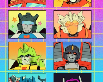 May include: Eight vibrant illustrations of Transformers characters arranged in a grid. Each character is in a square frame, showcasing distinct colours like blue, red, and green. The background has a retro grid pattern.