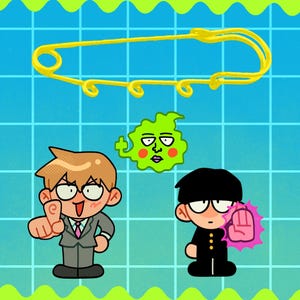 May include: Illustration of two anime characters and a green blob with a face. One character is in a suit, the other in a black uniform. A yellow safety pin is at the top.