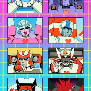 Puede incluir: Impresión de arte digital colorida con ocho paneles de personajes de robots con varias expresiones. Cada robot tiene un diseño y esquema de color únicos, sobre un fondo de cuadrícula con tonos rosas, azules y amarillos. Los robots tienen corazones en el pecho.