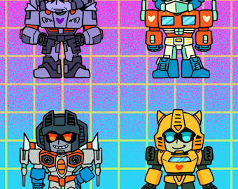 May include: Four cartoon Transformers characters, Optimus Prime, Megatron, Bumblebee, and Starscream, in a retro 80s style. The characters are in a grid pattern against a pink, blue, and yellow background.