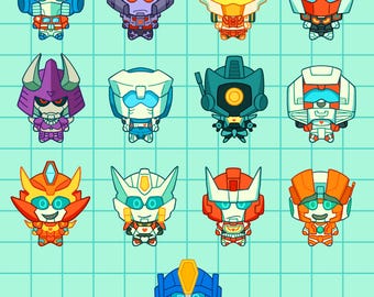 May include: A set of 12 cartoon robot characters in various poses and colors. The robots are all in a grid pattern on a blue and white checkered background.