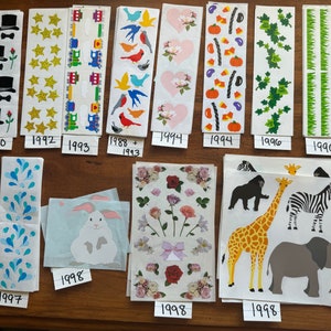 Stickers CLASSIQUES de Mme Grossman des années 90 : VOTRE CHOIX - Animaux de zoo, smoking, lapin géant, herbe, éclaboussures, trains, coeurs, oiseaux, bonbons d'Halloween !
