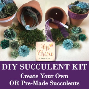 Puede incluir: Kit de suculentas DIY con suculentas prefabricadas y suministros para crear las tuyas propias. El kit incluye macetas de terracota, musgo, cinta y suculentas de papel en tonos verdes y azules. El kit está etiquetado como "Kit de suculentas DIY Crea las tuyas propias O Suculentas prefabricadas" y presenta el logotipo "Ma Chérie design co."
