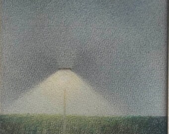 Original 1983 Ger Bos Painting, Atmospheric Dutch Landscape with Streetlight, Minimalist Night Scene