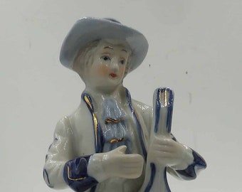 Large Cobalt Blue and Gold Porcelain Lute Player Figurine, 21cm Rococo Musician