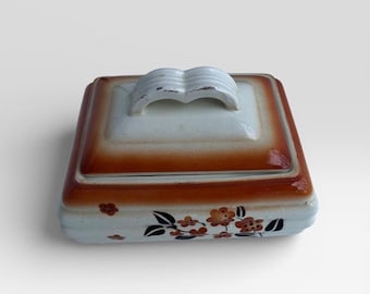 Vintage German Stoneware Cookie Jar | Staffel Spritzdekor Art Deco Ceramic Biscuit Barrel