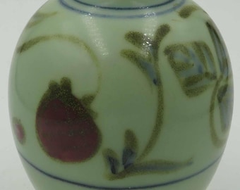Studio pottery Bud small vase Green Celadon glaze Strawberry leaf motif 1970 European Ceramic