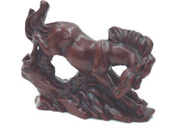 Dynamic Vintage Chinese Red Resin Stallion Statue, Carved Wood Style Galloping Horse Figurine