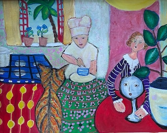 Origineel huiselijk tafereel schilderij, handgeschilderd