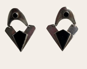 Vintage Sterling Silver Black Onyx Earrings – Geometric Modernist Jewelry
