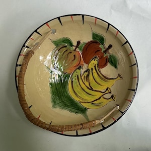 Vintage Puigdemont Spanish Pottery Fruit Bowl with Rattan Handle | Hand Painted Catalan Redware | Mid Century Wall Dish 29cm