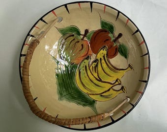 Vintage Puigdemont Spanish Pottery Fruit Bowl with Rattan Handle | Hand Painted Catalan Redware | Mid Century Wall Dish 29cm