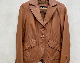 Guess Leather Jacket Small 70s Style Brown Camel Leather Jacket Size Small Guess