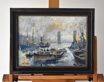 Original Art Painting Acrylic "Thames Barges" 15x19 Framed OOAK Art by Scott Brems London Cityscape Tower Bridge River Thames UK